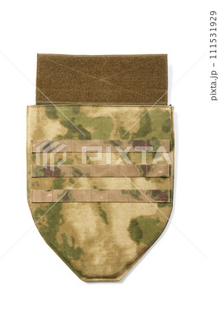 Tactical armor plate. Groin armor protection on white background Tactical armor plate. Groin armor protection on white background 111531929