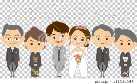 新娘新郎和他們的父母微笑地站著 111533544