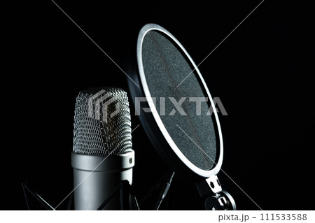 Professional microphone against black background in studio 111533588