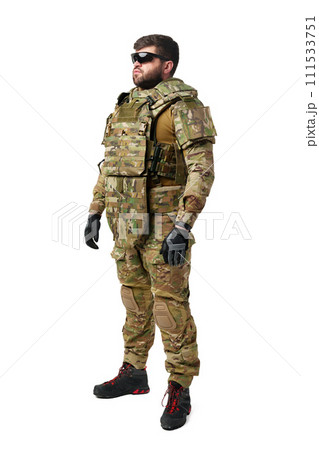 Male soldier in military ammunition isolated on white background 111533751