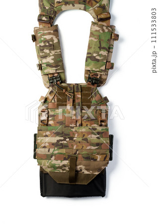 Close up of tactical bulletproof vest on white background Close up of tactical bulletproof vest on white background 111533803