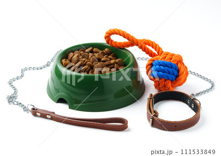 Green plastic bowl with dry pet food isolated on white 111533849