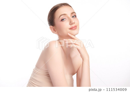 Beautiful young woman with clean fresh skin on white background, Face care, Facial treatment, Cosmetology, beauty and spa, women portrait. 111534009