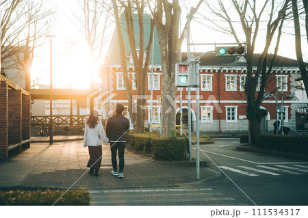冬に夕暮れの公園を歩く男女のカップル 111534317