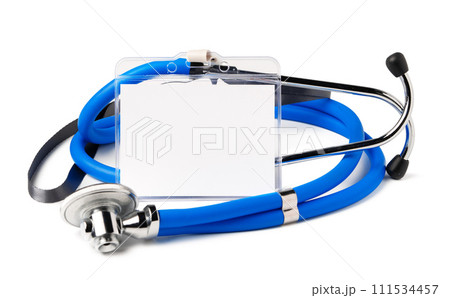Blank badge and stethoscope on white background 111534457