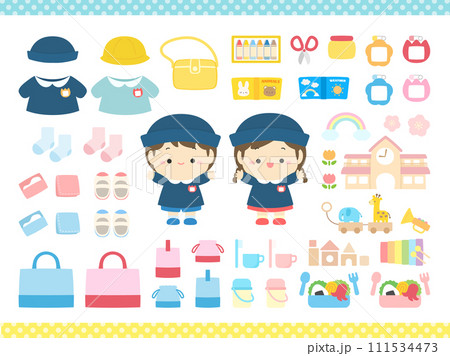 かわいい幼稚園児と入園グッズのイラスト 111534473
