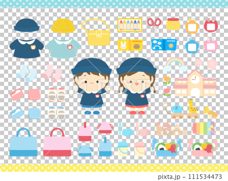 かわいい幼稚園児と入園グッズのイラスト 111534473