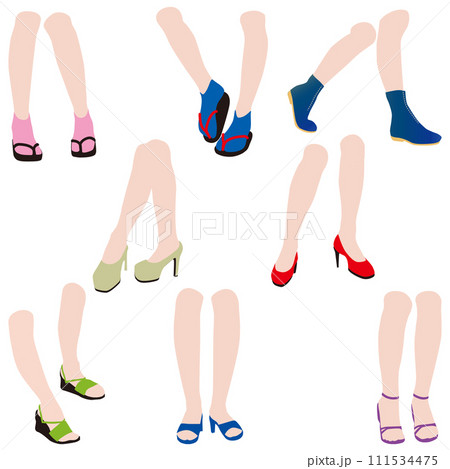 さまざまな姿勢の女性の膝から足下までを表情豊かに描いた脚のイラストのセット07。 111534475