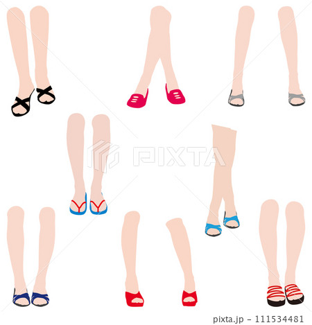 さまざまな姿勢の女性の膝から足下までを表情豊かに描いた脚のイラストのセット05。 さまざまな姿勢の女性の膝から足下までを表情豊かに描いた脚のイラストのセット05。 111534481