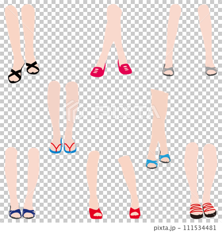 さまざまな姿勢の女性の膝から足下までを表情豊かに描いた脚のイラストのセット05。 さまざまな姿勢の女性の膝から足下までを表情豊かに描いた脚のイラストのセット05。 111534481