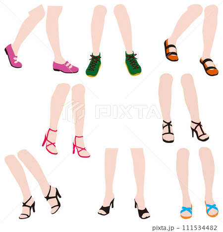 さまざまな姿勢の女性の膝から足下までを表情豊かに描いた脚のイラストのセット04。 111534482