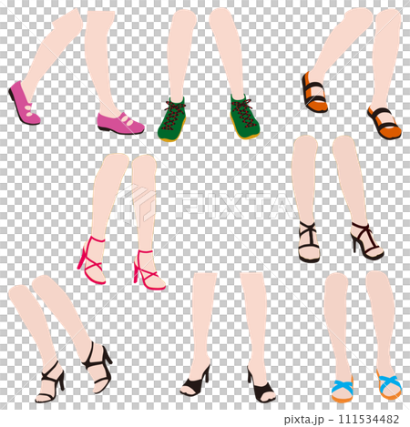 さまざまな姿勢の女性の膝から足下までを表情豊かに描いた脚のイラストのセット04。 111534482
