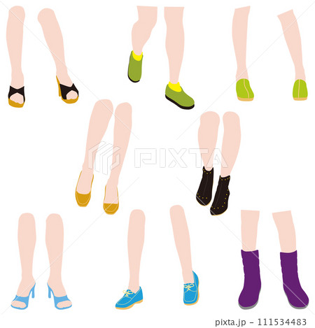 さまざまな姿勢の女性の膝から足下までを表情豊かに描いた脚のイラストのセット03。 111534483