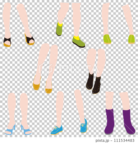さまざまな姿勢の女性の膝から足下までを表情豊かに描いた脚のイラストのセット03。 111534483