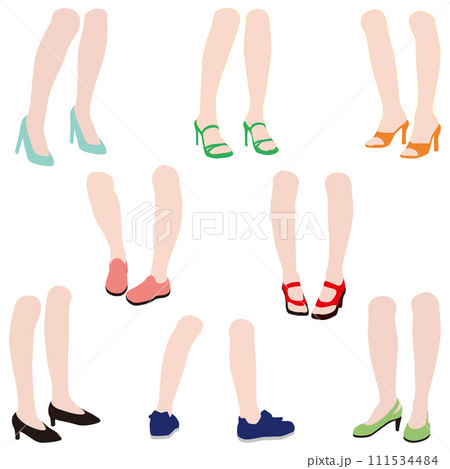 さまざまな姿勢の女性の膝から足下までを表情豊かに描いた脚のイラストのセット02。 111534484