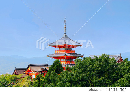 京都のまちなみ　祇園・東山エリア　清水寺　三重塔と西門と仁王門など 111534503