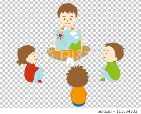 男性の保育士が子ども達に笑顔で絵本の読み聞かせをしている様子 111534832