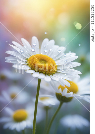 Spring flowers of white chamomile macro with drops of water on the petals. 111535259