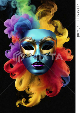 Venetian carnival mask in colored smoke as if by magic. Venetian carnival mask in colored smoke as if by magic. 111535417