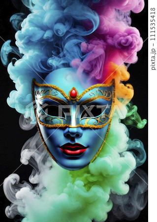 Venetian carnival mask in colored smoke as if by magic. Venetian carnival mask in colored smoke as if by magic. 111535418