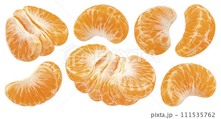 Tangerine segments, peeled mandarins isolated on white background with clipping path Tangerine segments, peeled mandarins isolated on white background with clipping path 111535762