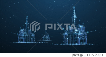 Oil rigs. Abstract 3d floating rig platforms isolated on blue. gas platform, offshore drilling, refinery plant, petroleum industry Oil rigs. Abstract 3d floating rig platforms isolated on blue. gas platform, offshore drilling, refinery plant, petroleum industry 111535831