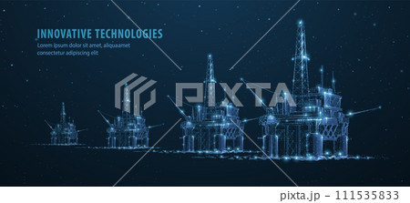 Oil rigs. Abstract 3d floating rig platforms isolated on blue. gas platform, offshore drilling, refinery plant, petroleum industry 111535833