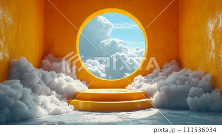 3d render, abstract sunny yellow background with white clouds and blue round hole. Simple geometric showcase scene with empty podium for product presentation 3d render, abstract sunny yellow background with white clouds and blue round hole. Simple geometric showcase scene with empty podium for product presentation 111536034