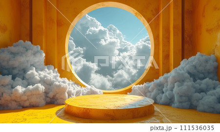 3d render, abstract sunny yellow background with white clouds and blue round hole. Simple geometric showcase scene with empty podium for product presentation 3d render, abstract sunny yellow background with white clouds and blue round hole. Simple geometric showcase scene with empty podium for product presentation 111536035