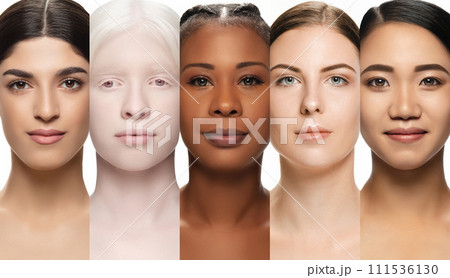 Different nationality and beauty standards. Collage of five women with varying skin tones and features. Diverse beauty campaign for a global cosmetics brand. 111536130