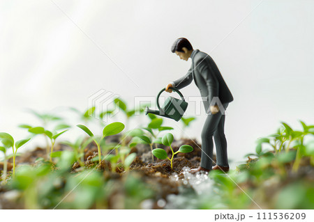 ジョウロで新芽に水をあげるサラリーマン（3D） 111536209