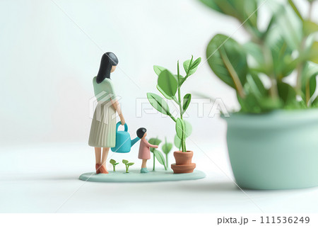 新芽に水をあげる母と子ども-1（3D） 111536249