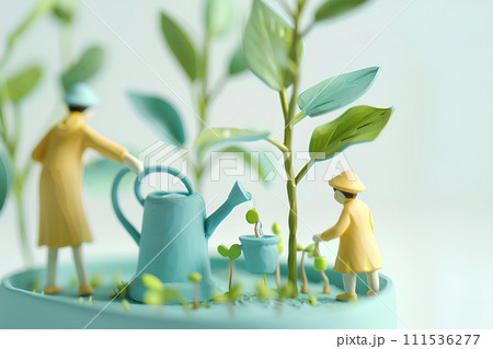 新芽に水をあげる母と子ども-2（3D） 111536277