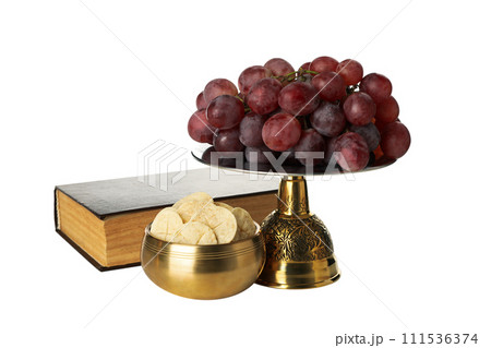 PNG, Bread in bowl, grapes and book, isolated on white background 111536374