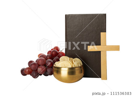 PNG, Bread, grapes, wooden cross and book, isolated on white background PNG, Bread, grapes, wooden cross and book, isolated on white background 111536383