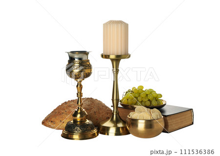 PNG, Bread, grapes on book, candle and cup, isolated on white background 111536386