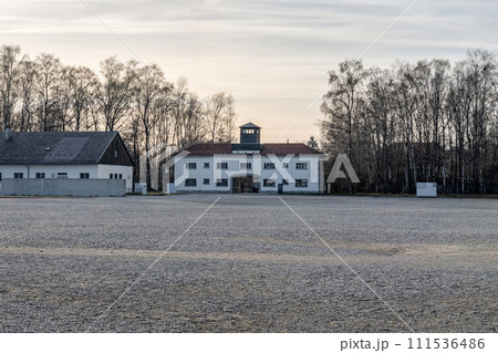 Main security building, entrance at Dachau concentration camp in Dachau, Germany 111536486