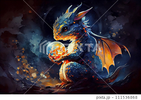 A charming baby dragon holding an Earth planet in its tiny hands, generative ai illustration in watercolor style A charming baby dragon holding an Earth planet in its tiny hands, generative ai illustration in watercolor style 111536868