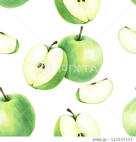 Watercolor seamless pattern with green fruit apple. Hand drawn food illustration isolated on white background. For wrapping wallpaper fabric textile Watercolor seamless pattern with green fruit apple. Hand drawn food illustration isolated on white background. For wrapping wallpaper fabric textile 111537131