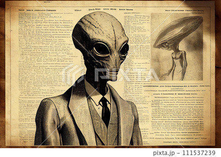 Portrait of a humanoid alien in style of vintage newspaper article or an old photograph, generative ai 111537239