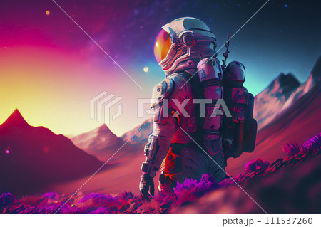 Alien planet with a spaceman, sci-fi ai illustration 111537260