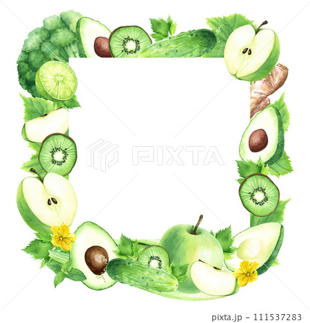 Watercolor square frame with fruits and vegetables. Hand drawn food illustration isolated on white background. For clip art cards menu label package 111537283