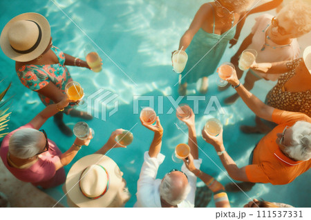 AI-generated content. Diverse group of seniors enjoys party by the pool 111537331