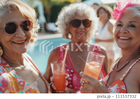 AI-generated content. Diverse group of seniors enjoys party by the pool 111537332