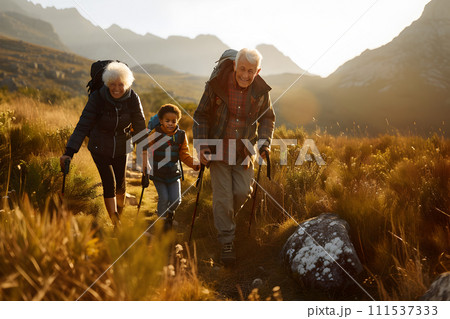 AI-generated content. Seniors hiking with family and friends 111537333