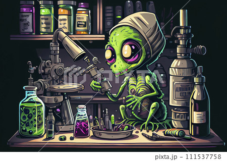 Humanoid alien working in research laboratory, ai illustration 111537758