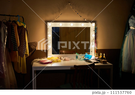 Background image of vanity mirror backstage in theater dressing room with dim light copy space Background image of vanity mirror backstage in theater dressing room with dim light copy space 111537760