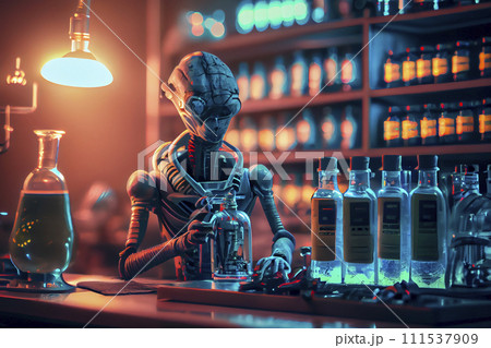 Humanoid alien working in research laboratory, ai illustration 111537909