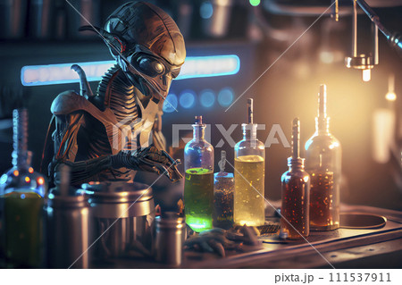 Humanoid alien working in research laboratory, ai illustration 111537911