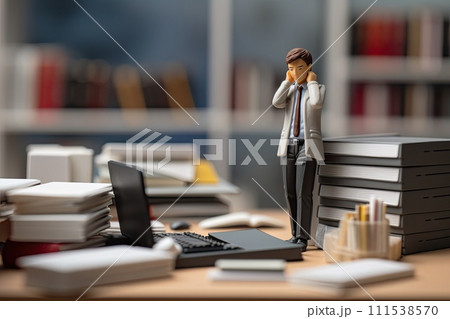 AI-generated content. overworked miniature business man in office 111538570